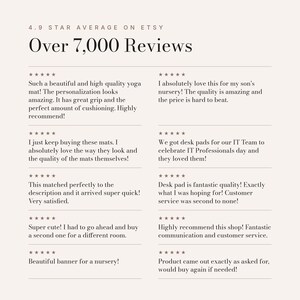 May include: A graphic display featuring the text 4.9 STAR AVERAGE ON ETSY and Over 7,000 Reviews. Below this header are ten five-star customer reviews arranged in two columns, providing feedback on yoga mats, desk pads, and banners.