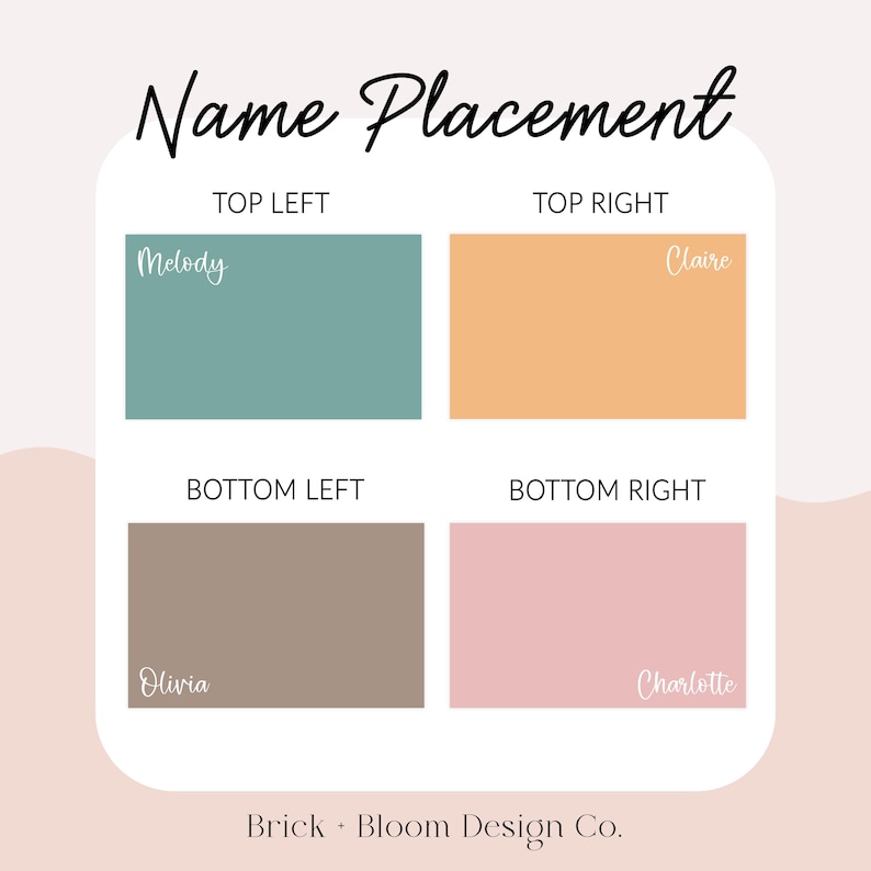 May include: A graphic chart titled Name Placement showing four rectangular color blocks: teal, orange, brown, and pink. Each block features a white script name: Melody, Claire, Olivia, and Charlotte. The text Brick + Bloom Design Co. appears at the bottom.