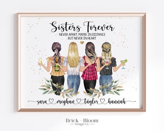 Custom 4 Sisters Portrait | PRINTABLE Personalized Birthday Gift | Christmas Gift For Sister | Watercolor Portrait | Digital Illustration