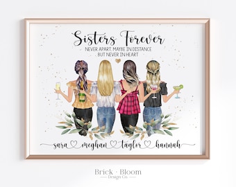 Custom 4 Sisters Portrait | PRINTABLE Personalized Birthday Gift | Christmas Gift For Sister | Watercolor Portrait | Digital Illustration