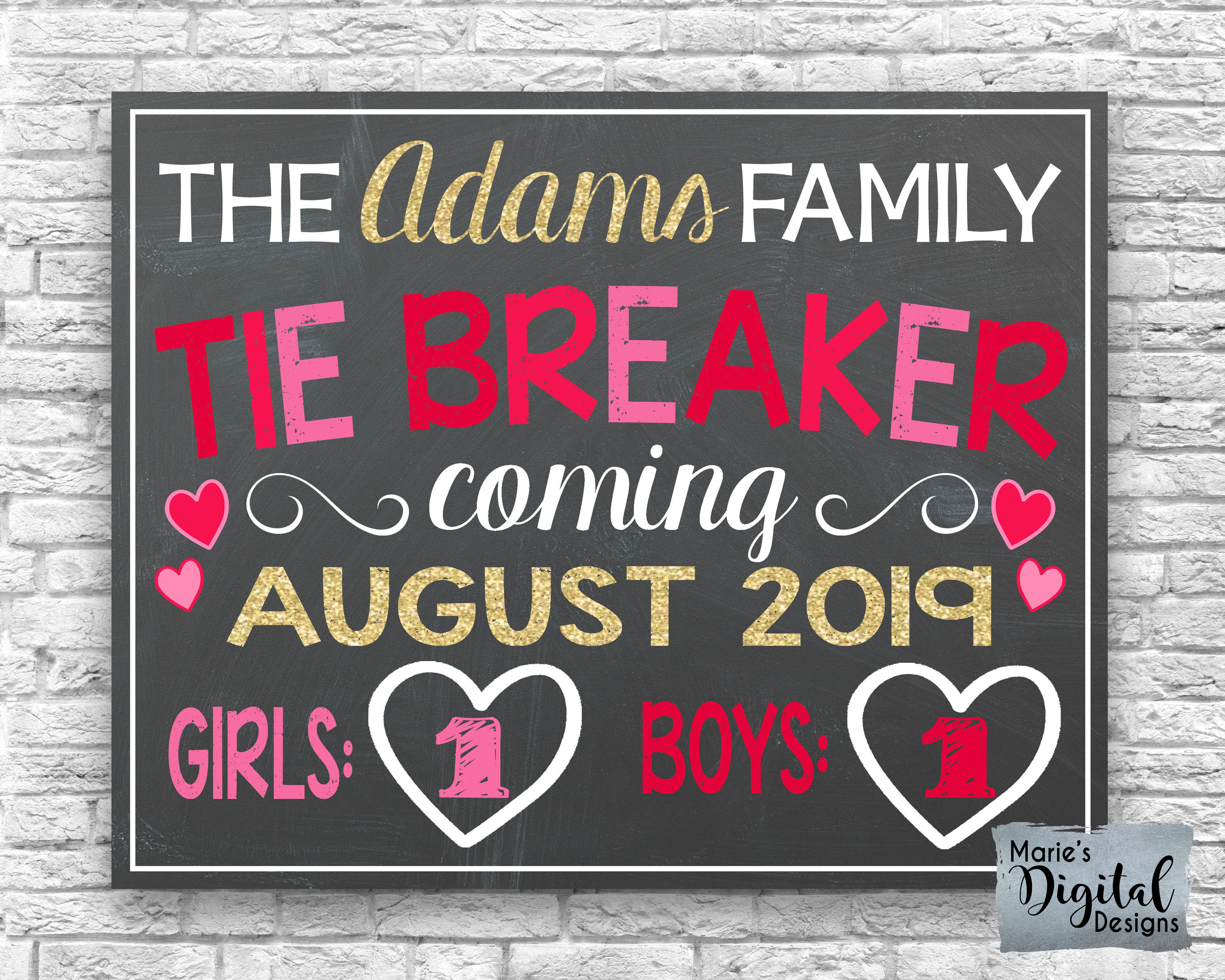 PRINTABLE Personalized Valentine's Day Tie Breaker Baby #3 Chalkboard  Pregnancy Baby Announcement / Baby Number Three Sign / Photo Prop JPEG, image size:3000x2400