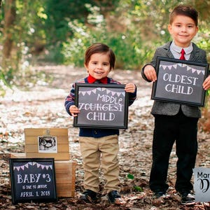 Set of 3 PRINTABLE Chalkboard Pregnancy Announcement Photo Props Oldest Middle Youngest Child Signs / Baby 3 Reveal Photoshoot JPEG files image 2