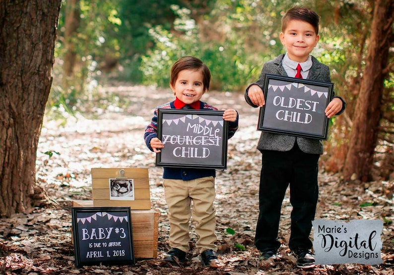Set of 3 PRINTABLE Chalkboard Pregnancy Announcement Photo Props Oldest Middle Youngest Child Signs / Baby 3 Reveal Photoshoot JPEG files image 2