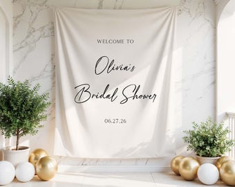 Bridal Shower Backdrop Banner, Personalized Welcome Sign Fabric Banner, Modern Minimal Party Decor, Custom Name Photo Backdrop Flag | SST01