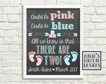 Could Be Pink Could Be Blue All We Know Is That There Are Two! Printable Twins Pregnancy Announcement / Chalkboard Photo Prop Baby Card JPEG