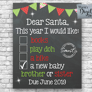 IMPRIMÍVEL - Querido Papai Noel, Lista de Irmão ou Irmã / Quadro-negro Carta de Natal Anúncio de Gravidez do Bebê / Adereço de Foto / Arquivo JPEG de Assinatura