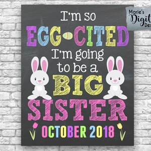 Druckbare Ei-zitiert ich werde eine große Schwester / Tafel Schwangerschaft Baby Ankündigung Karte Zeichen Poster Foto Prop Osterhase JPEG-Datei