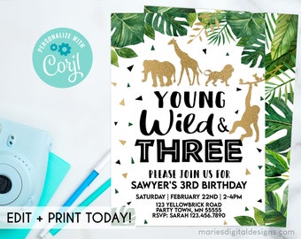 EDITABLE Young Wild & Three Jungle Animal Birthday Invitation | INSTANT DOWNLOAD | Corjl Template | Tropical Safari Zoo | Party Gold Green