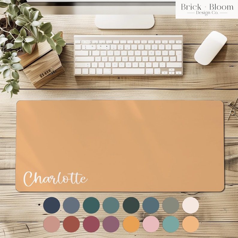 May include: A rectangular desk mat in a solid light orange color featuring the name Charlotte printed in white script font. Below the mat are sixteen small circular color swatches in various shades including blue, green, red, pink, and tan.