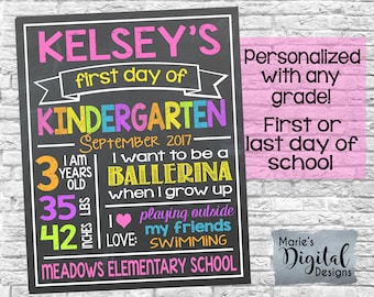 PRINTABLE - Personalized First OR Last Day Of School Chalkboard Photoprop Sign / Pink Rainbow Kindergarten Back To School / Girl JPEG file