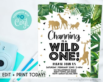 EDITABLE Wild One Jungle Animal Birthday Invitation | INSTANT DOWNLOAD | Corjl Template | Tropical Safari Zoo 1st | Party Gold Green Boy