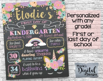 PRINTABLE - Personalized First Day Of School Chalkboard Photoprop Sign / Shabby Chic Floral Unicorn Rainbow Gold Back To School / JPEG file