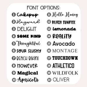 May include: A chart titled FONT OPTIONS displaying twenty numbered black text samples in various typefaces. The list includes Cakepop, Hayward, DELIGHT, SOME KIND, Thoughtful, SOUR SLUSHY, BEACH BIKINI, HOWEVER, Magical, Apricots, Hello Honey, BEACH SUNRISE, lemonade, REALITY, Avocado, MONTAGE, TOUCHDOWN, ATHLETICO, WILDFOLK, and OLIVER.