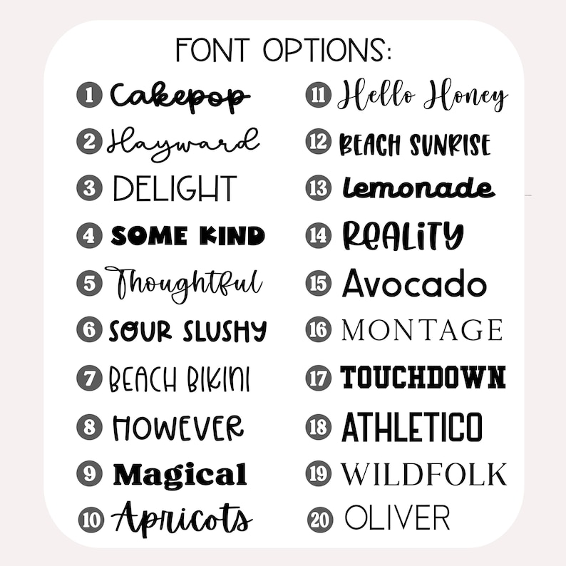 May include: A chart titled FONT OPTIONS displaying twenty numbered black text samples in various typefaces. The list includes Cakepop, Hayward, DELIGHT, SOME KIND, Thoughtful, SOUR SLUSHY, BEACH BIKINI, HOWEVER, Magical, Apricots, Hello Honey, BEACH SUNRISE, lemonade, REALITY, Avocado, MONTAGE, TOUCHDOWN, ATHLETICO, WILDFOLK, and OLIVER.