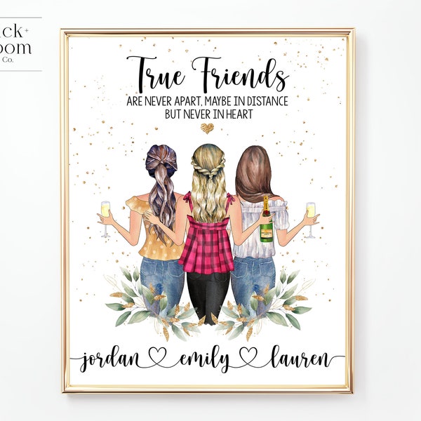 Custom Best Friend Portrait | PRINTABLE Personalized BFF Birthday Gift | 3 Besties Christmas Friendship Present | Digital Illustration