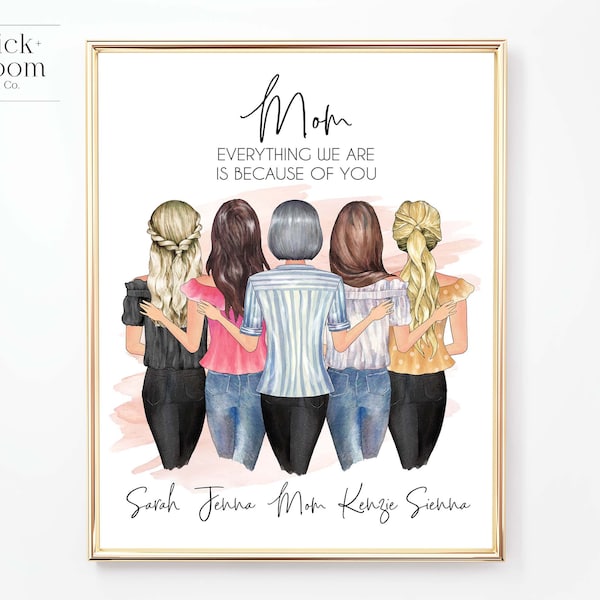 Custom Mother Daughters Portrait | PRINTABLE Personalized Mother's Day Gift | Birthday Christmas Present | Family Illustration| Digital JPEG