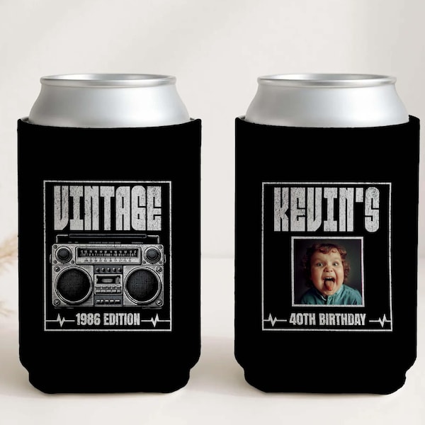 Vintage Birthday Can Cooler Personalized Photo, Retro 80s Boombox Beer Cozie, Custom Birth Year Gift, 40th Party Favor