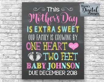 PRINTABLE Mother's Day Extra Sweet / Family Growing One Heart And Two Feet Chalkboard Pregnancy / Baby Announcement / Card Photo Prop JPEG
