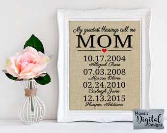 PRINTABLE Personalized My Greatest Blessings Call Me Mom / Wall Art / Mother's Day Birthday Gift / Children Names Dates List / JPEG File