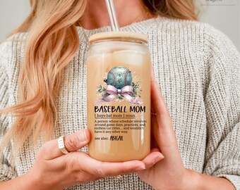 Personalized Baseball Mom Definition Glass Tumbler | Coffee Cup with Lid and Straw | Sports Mom Glass | Coquette Ribbon Gift | Mother's Day