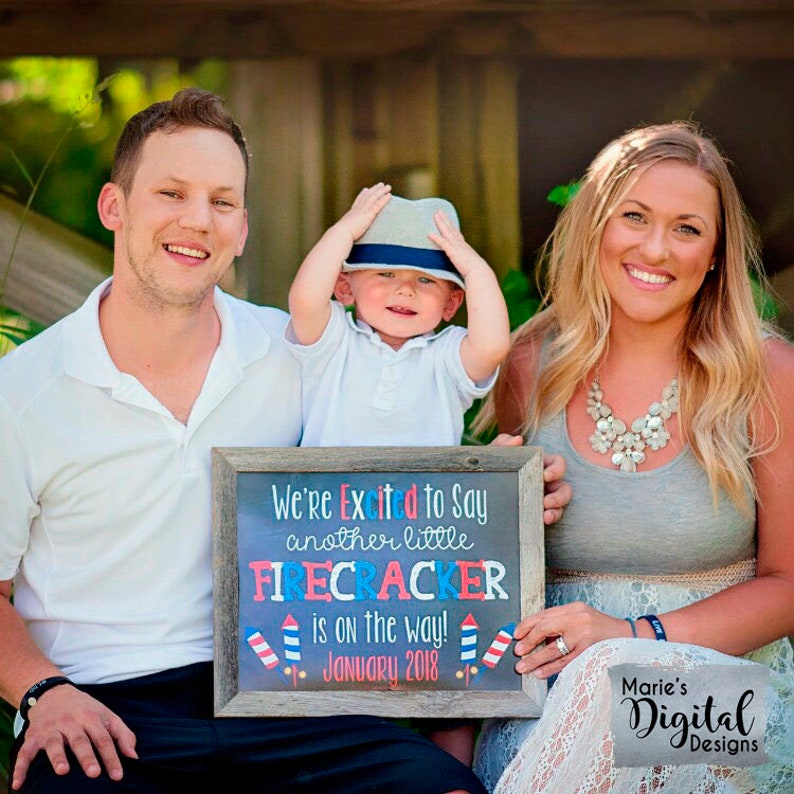 PRINTABLE We're Excited To Say Another Little Firecracker Is On The Way Chalkboard Pregnancy Announcement 4th of July Sign Photo Prop JPEG image 1