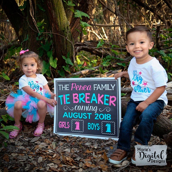 PRINTABLE Personalized Tie Breaker Baby #3 Chalkboard Pregnancy Baby  Announcement / Baby Number Three / Pink Teal / Sign / Photo Prop JPEG