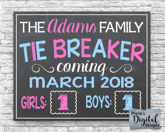 PRINTABLE Personalized Tie Breaker Baby #3 Chalkboard Pregnancy Baby  Announcement / Baby Number Three / Pink Teal / Sign / Photo Prop JPEG