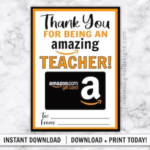 INSTANT DOWNLOAD Thank You For Being An Amazing Teacher Amazon Gift Card Holder Printable Appreciation Gift End of Year JPEG file image 1