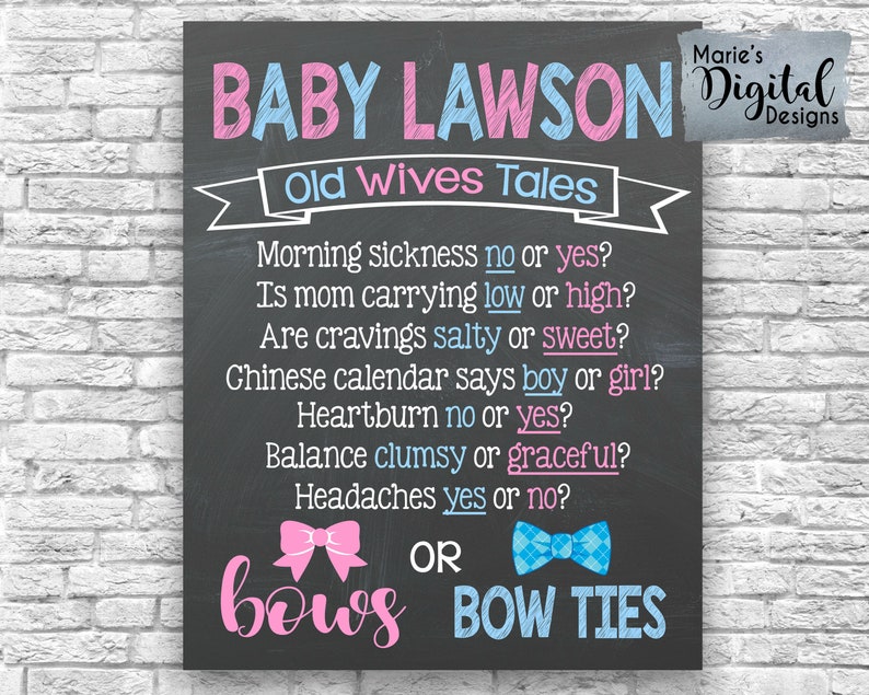Paper Party Supplies Party Supplies Printable Personalized Bows Or Bow Ties Old Wives Tales Gender Prediction Baby Shower Party Game Chalkboard Sign Poster Pink Blue Jpeg File