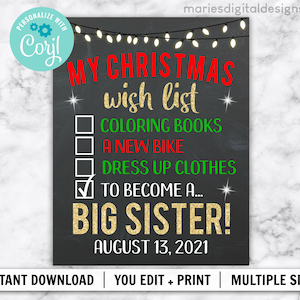 Lista de deseos de Navidad EDITABLE Anuncio de embarazo de Navidad de hermana mayor / DESCARGA INSTANTE / Lista a Santa / Cartel de signo de pizarra de bebé
