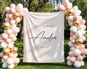 Personalized Birthday Tapestry Banner, Happy Birthday Backdrop Fabric Sign, Custom Name Party Flag, Modern Minimal Birthday Decor | SBT02