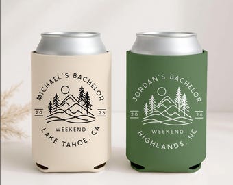 Camping Bachelor Party Can Coolers, Mountain Bachelor Weekend, Personalized Beer Cozy, Cabin Trip Groomsmen Gifts, Guys Trip Favors | CCC01