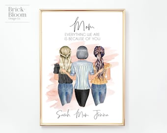 Custom Mother Daughters Portrait | PRINTABLE Personalized Mother's Day Gift | Birthday Christmas Present | Family Illustration| Digital JPEG