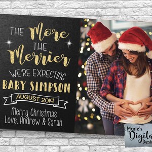 Druckbare, je mehr die Merrier Weihnachten FotoKarte Schwangerschaft Ankündigung / Baby offenbaren Grußkarte / Schwarz gold digitale JPEG-Datei
