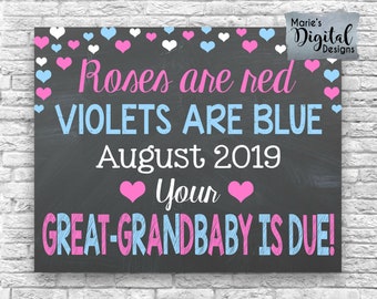 PRINTABLE Roses Are Red Violets Are Blue Your Great-Grandbaby Is Due Chalkboard Grandparent Pregnancy Baby Announcement Card Gift JPEG FILE