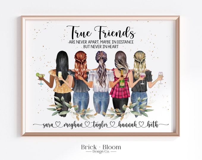 Custom Best Friend Portrait | PRINTABLE Personalized BFF Birthday Gift | 5 Besties Christmas Friendship Present | Digital Illustration