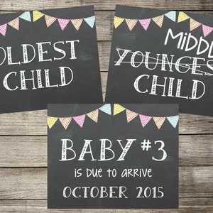 Set of 3 PRINTABLE Chalkboard Pregnancy Announcement Photo Props Oldest Middle Youngest Child Signs / Baby 3 Reveal Photoshoot JPEG files image 3