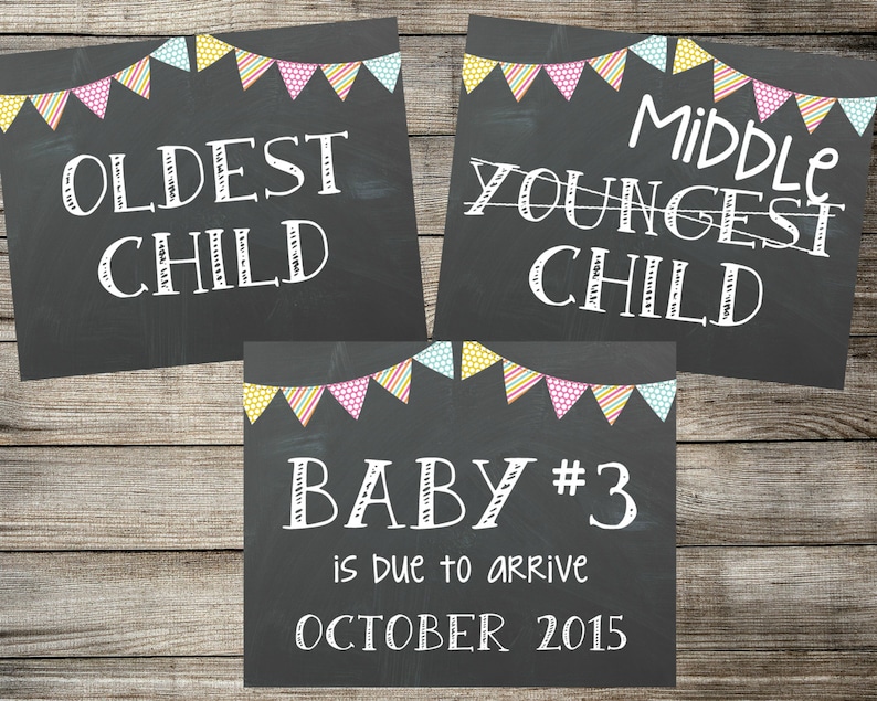 Set of 3 PRINTABLE Chalkboard Pregnancy Announcement Photo Props Oldest Middle Youngest Child Signs / Baby 3 Reveal Photoshoot JPEG files image 3