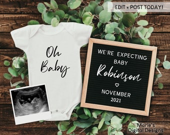 EDITABLE Social Media Pregnancy Announcement | INSTANT DOWNLOAD | Corjl Template | Neutral Letter Board | Digital Baby Reveal | You Edit