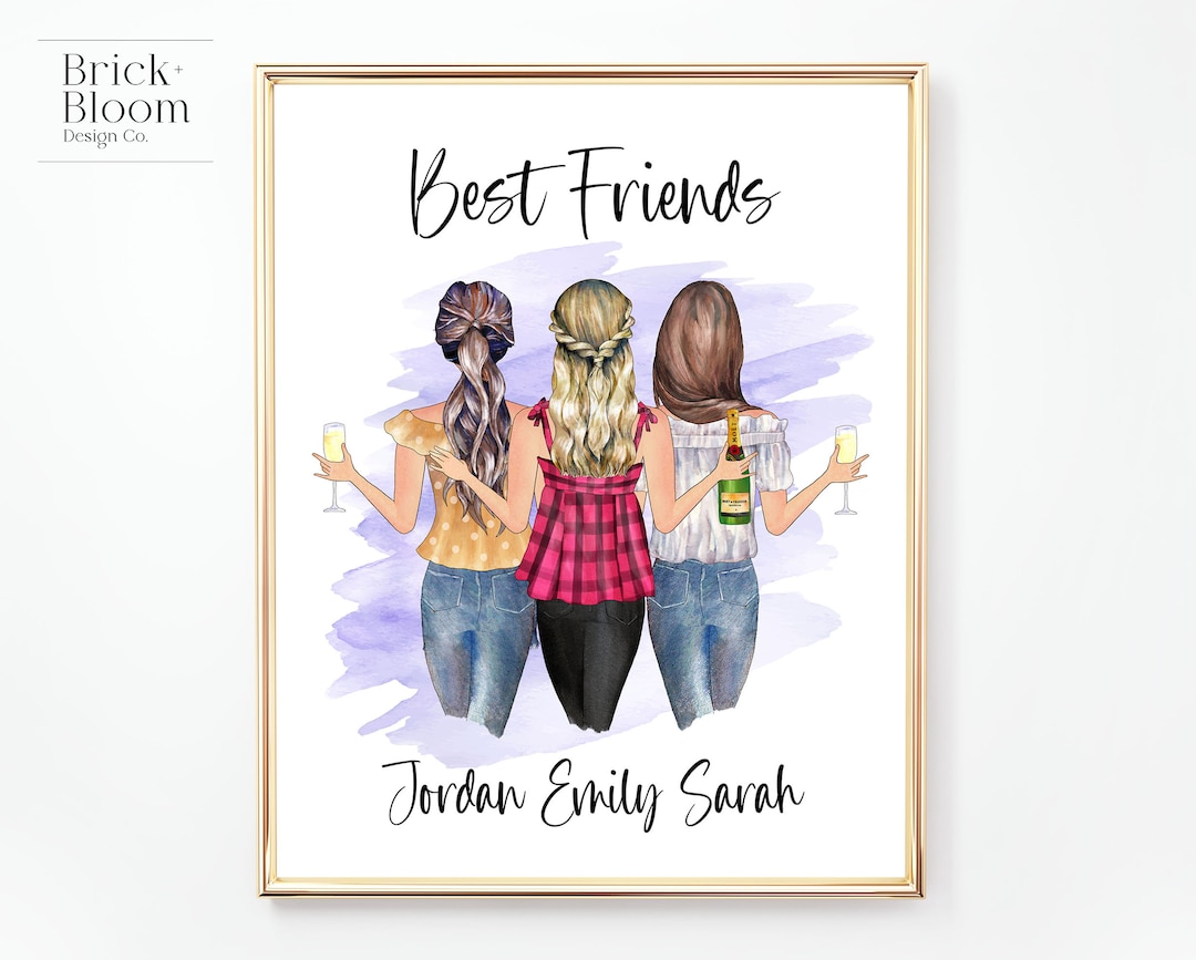 Custom Best Friend Portrait PRINTABLE Personalized BFF Birthday Gift 3 Besties Christmas