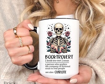 Personalized Book Lover Coffee Mug | Booktrovert Skeleton Mug with Name | Funny Bookish Gift for Introverts | Gothic Reading Mug for Readers
