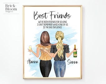 Custom Best Friend Portrait | PRINTABLE Personalized BFF Birthday Gift | Besties Christmas Friendship Present | Blue Digital Illustration