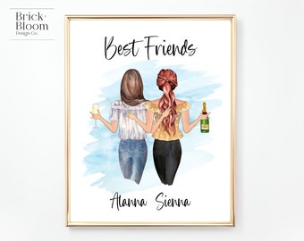 Custom Best Friend Portrait | PRINTABLE Personalized BFF Birthday Gift | Besties Christmas Friendship Present | Blue Digital Illustration