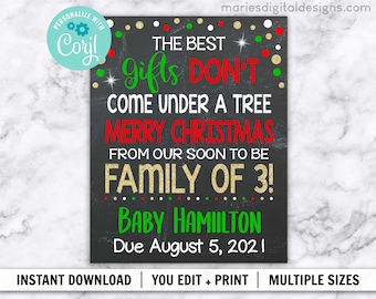 EDITABLE Best Gifts Don't Come Under A Tree Merry Christmas Family of Three Pregnancy Announcement | INSTANT DOWNLOAD | Card Sign | Corjl