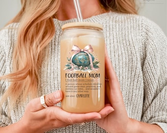 Personalized Football Mom Definition Glass Tumbler | Coffee Cup with Lid and Straw | Sports Mom Glass | Coquette Ribbon Gift | Mother's Day