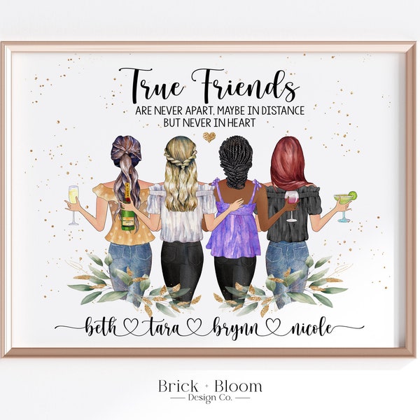 Portrait personnalisé du meilleur ami | Cadeau d'anniversaire BFF personnalisé imprimable | 4 cadeaux d'amitié de Noël Besties | Illustration numérique