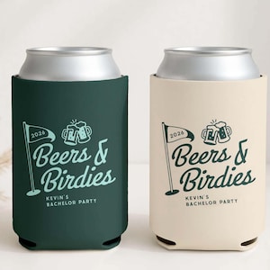 Personalized Golf Bachelor Party Can Cooler, Groomsmen Gift, Beer Cozie Wedding Favor, Beers & Birdies Drink Holder | CCG01 image 1