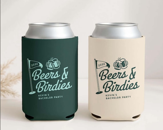 Personalized Golf Bachelor Party Can Cooler, Groomsmen Gift, Beer Cozie Wedding Favor, Beers & Birdies Drink Holder | CCG01