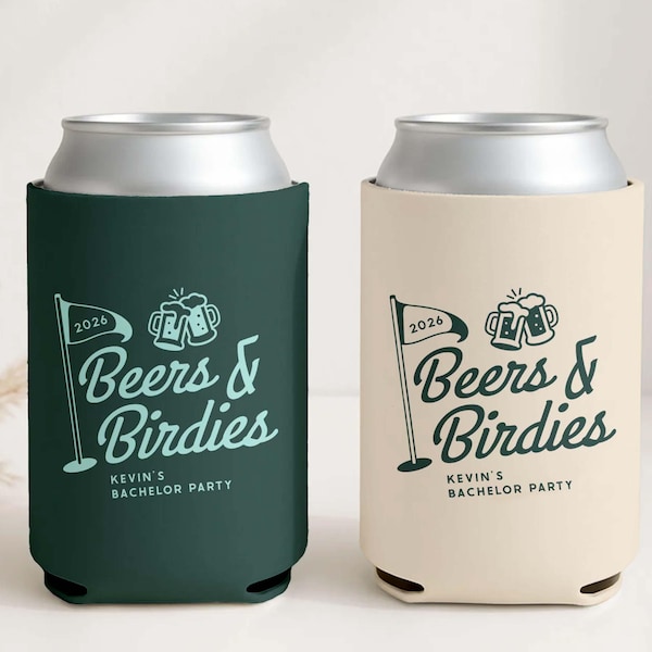 Personalized Golf Bachelor Party Can Cooler, Groomsmen Gift, Beer Cozie Wedding Favor, Beers & Birdies Drink Holder | CCG01