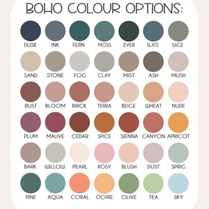 May include: A colour palette chart labelled "BOHO COLOUR OPTIONS:" displaying 36 circular colour swatches. The colours vary from dark blues and greens to earthy tones like rust and beige, with names including "Dusk," "Sage," and "Apricot." The chart is set against a white background.
